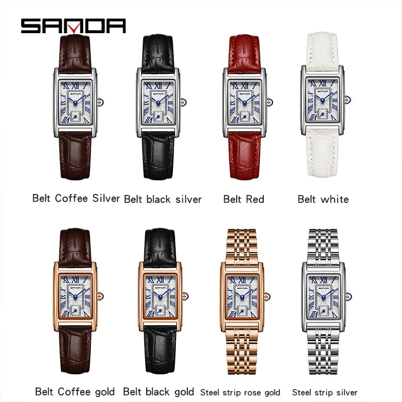 SANDA New Fashion Elegant Design Rectangle Dial Water Resistant Leather Quartz Movement Business Gift  Women Analog Wrist Watch