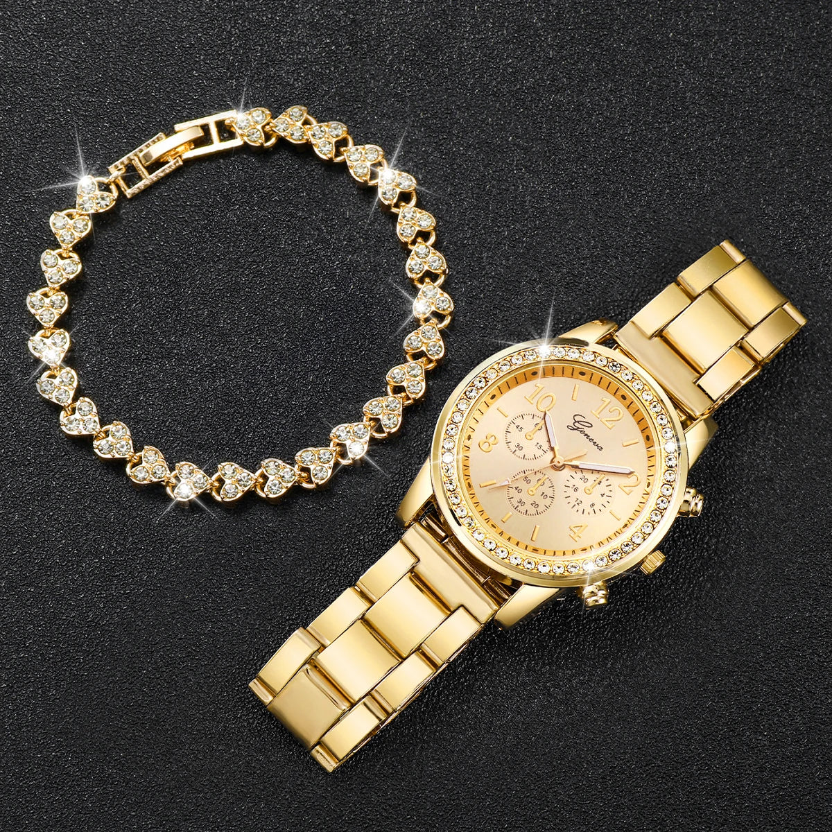Gold Color Quartz Watch & Diamond Bracelet