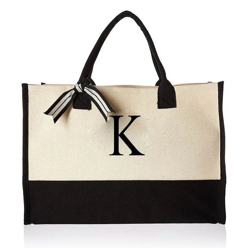 A-Z Canvas Totes bag Fashion Canvas Tote Letters Flower Portable Beach Shoulder Shopping Casual Beach Bag Large Capacity Handbag - Imbasat