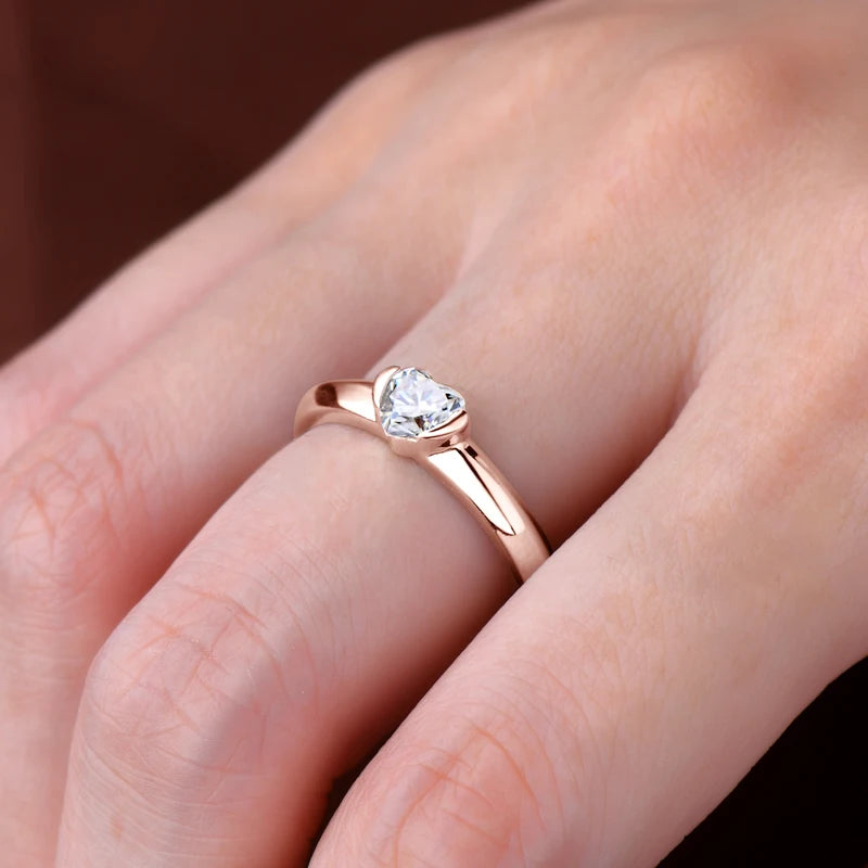 Anziw Rose Gold Color 0.5ct Heart Shaped Moissanite Solitaire Ring Silver 925 for