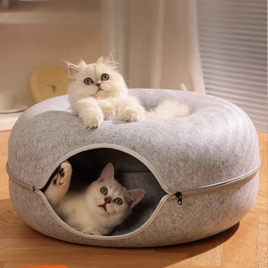 Cat Tunnel Bed for Indoor Cats Scratch Resistant Donut Cat Bed Cave Indoor Cat Hideout Detachable Round Felt & Washable