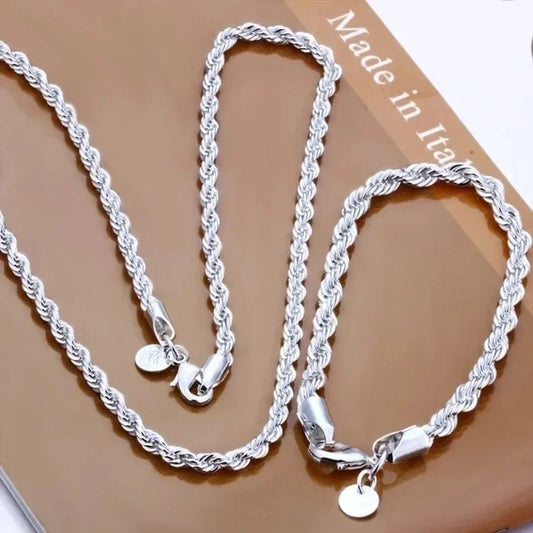 Charm 925 sterling silver Accessories Men 4MM 40-60cm 2PCS Rope Chain Necklace Bracelet Women Fashion Wedding Gift Jewelry - Imbasat