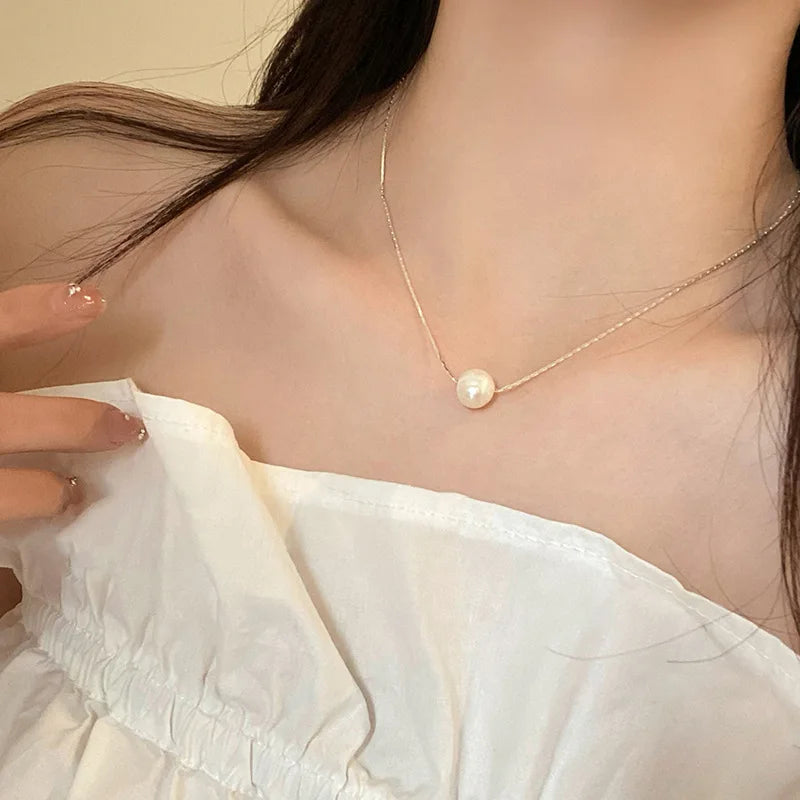 925 Silver Pearl Simple Elegant Thin Chain Pendant Necklace