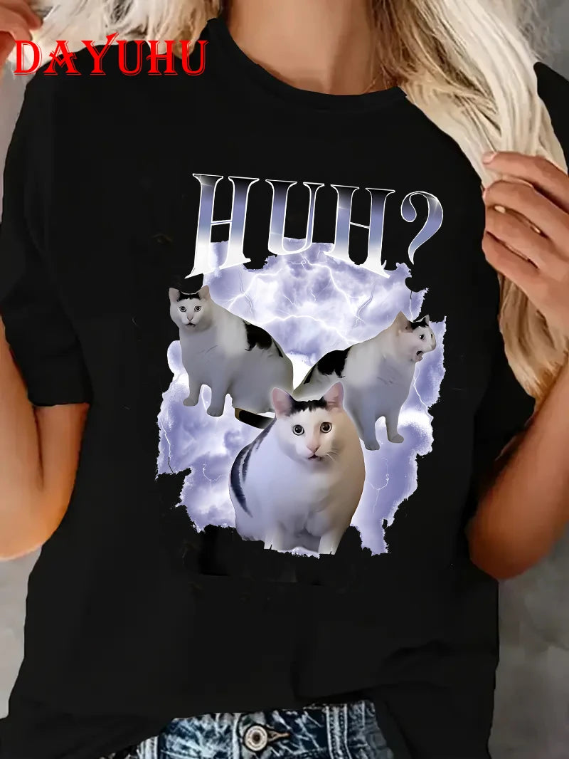 Cat Saying Huh? Meme T-shirt  Breathable Short Sleeve
