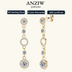 Anziw 2024 Long Stud Earrings Real 925 Silver 2CTW. Round Moissanite Dangle Earrings
