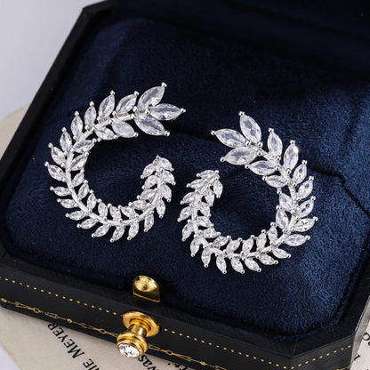 Creative Personality Leaf Rhinestone Earrings Geometric Big Round Earrings Ladies Ladies Jewelry 925 Sterling Silver Earrings