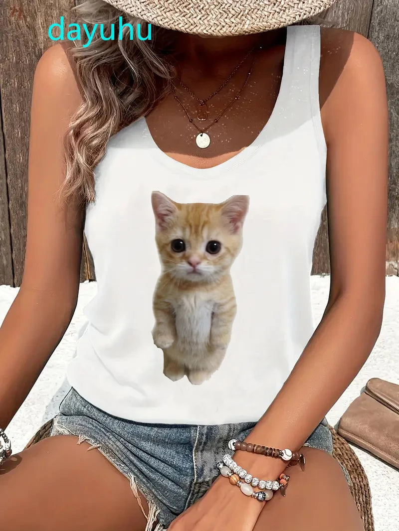 Cat Women Summer White Print T-shirt Girl Casual O Neck