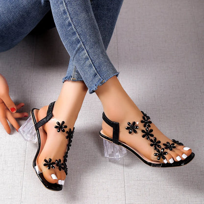 Women;s Sandals Pvc Crystal Flower Shoes for Women Decoration Chunky Heel Sandals Ladies Back Strap Fashion Shoes Female2024