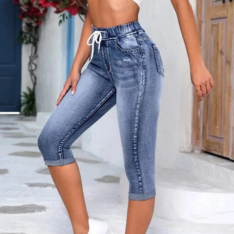 Women Jeans Elastic Waist Drawstring High Waist Ripped Jeans