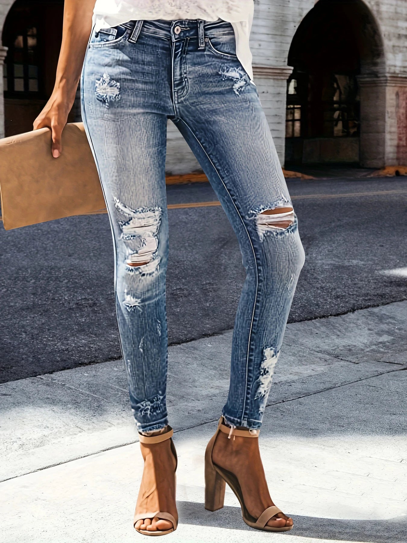 High waist hip stretch slim fit all-matching nine-point jeans