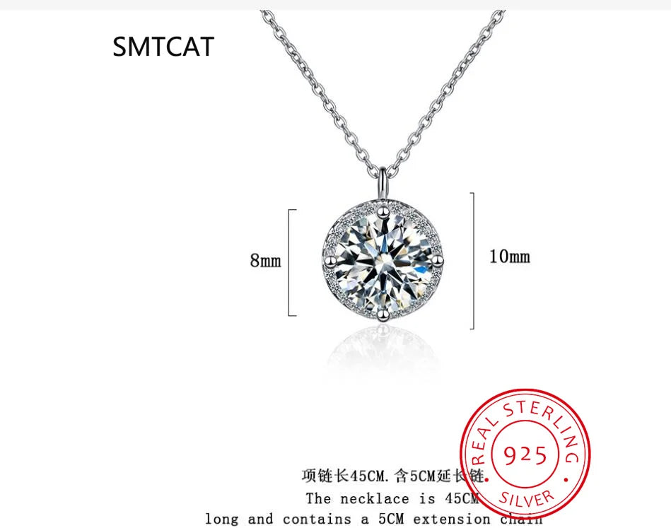 Luxury Certified Moissanite Diamond Classic Round Pendant Necklace for Women Real 925 Sterling Silver Chain Wedding Jewelry