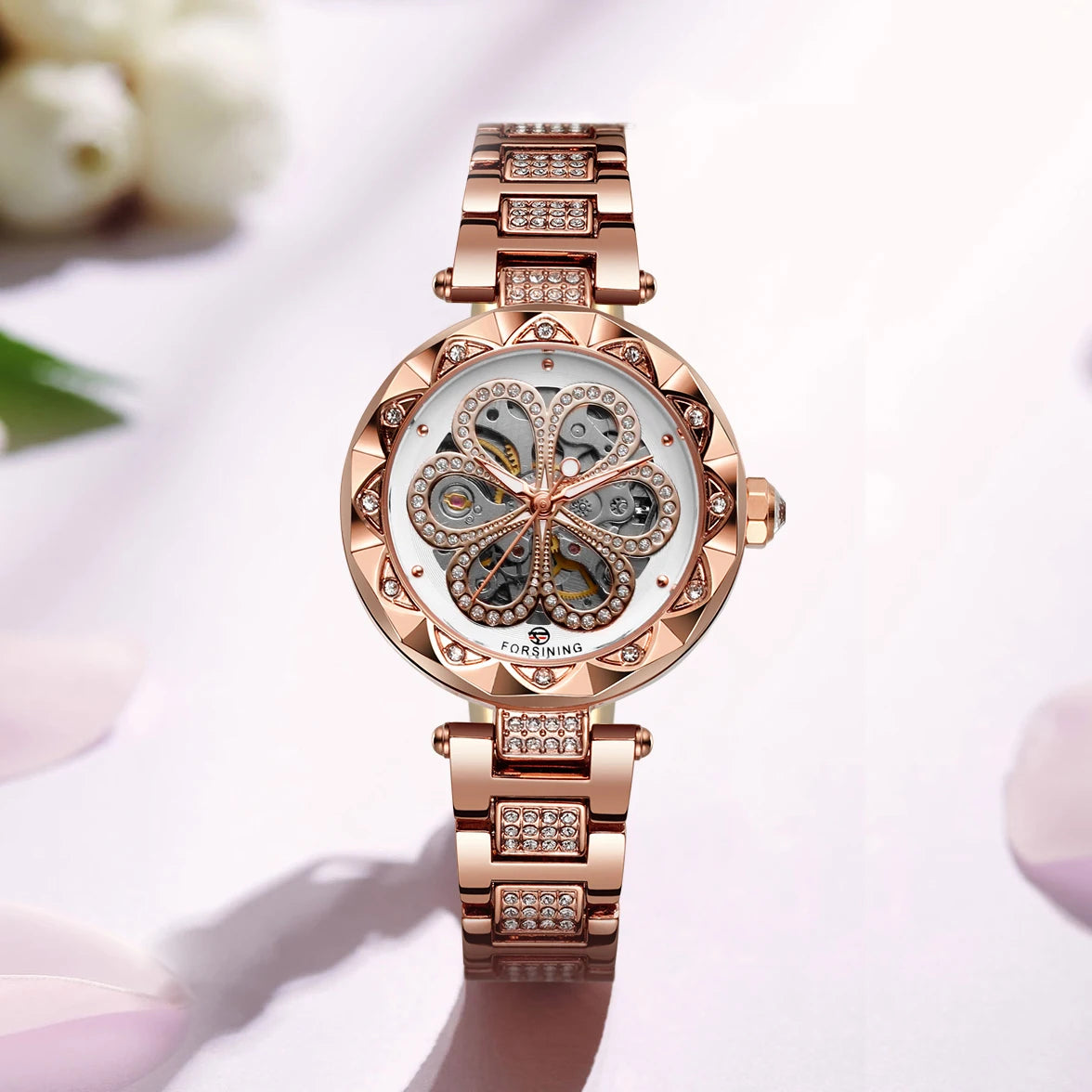 Forsining Skeleton Watch for Women Fashion Classics Diamond Automatic Mechanical Watches Luminous Hands Stainless Steel Strap