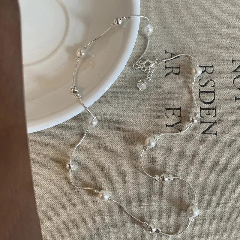 925 Silver Pearl Simple Elegant Thin Chain Pendant Necklace