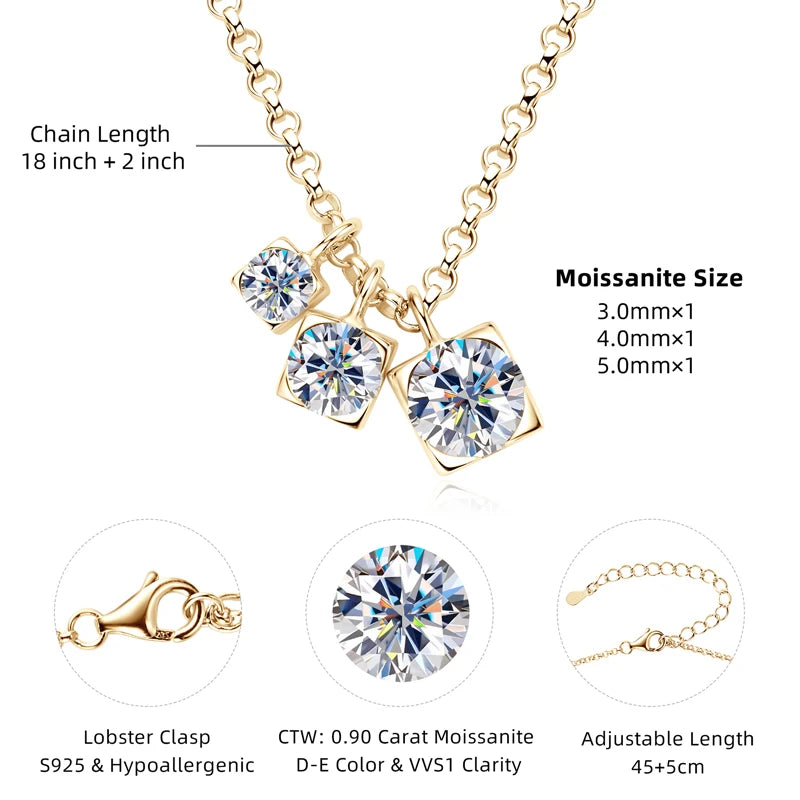 D0.90CT 3 Stones Pendant Necklace 925 Sterling Silver