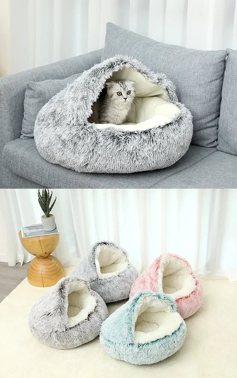 Winter Soft Plush Pet Bed with Cover Round Cat Bed Pet Mattress Warm Cat Dog Sleeping Nest Cave for Small Dogs Kitten 2 in 1