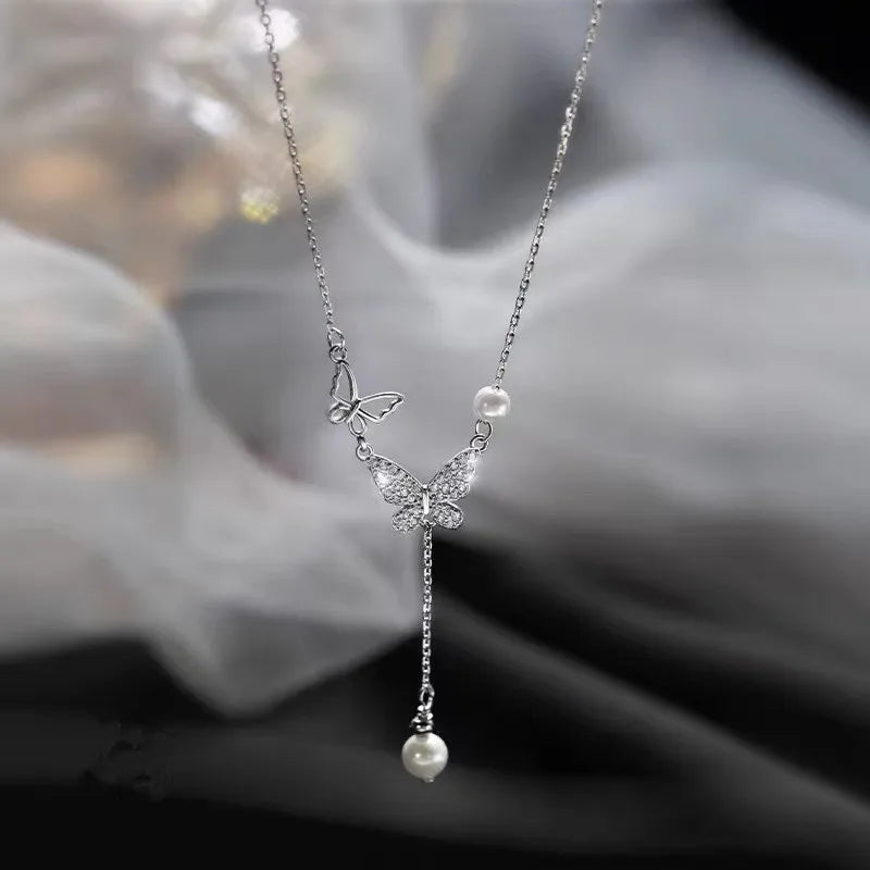 Vintage Zircon Flower Pearl Necklace