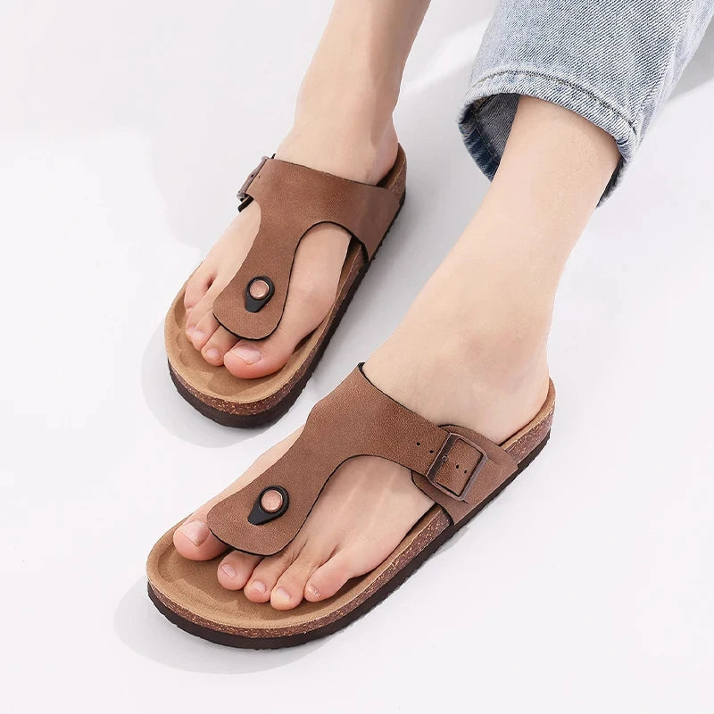 Cork Flat Sandals Summer Open Toe Slides Slip On Slippers