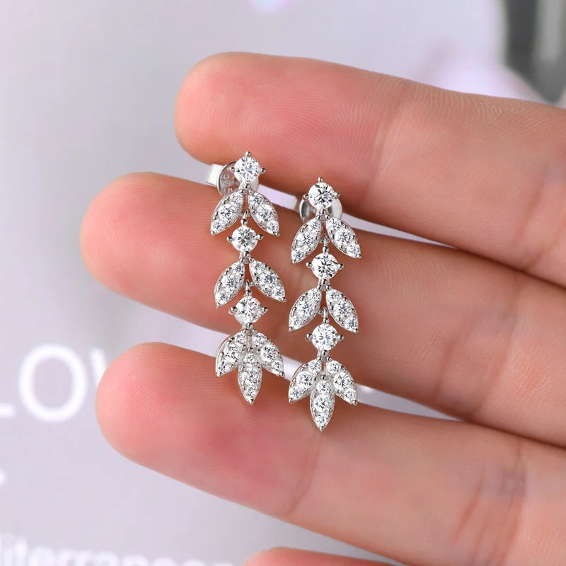 ANZIW Real Moissanite Earrings Leaf Chandelier Drop Dangle Long Earrings 925 Silver Piercing
