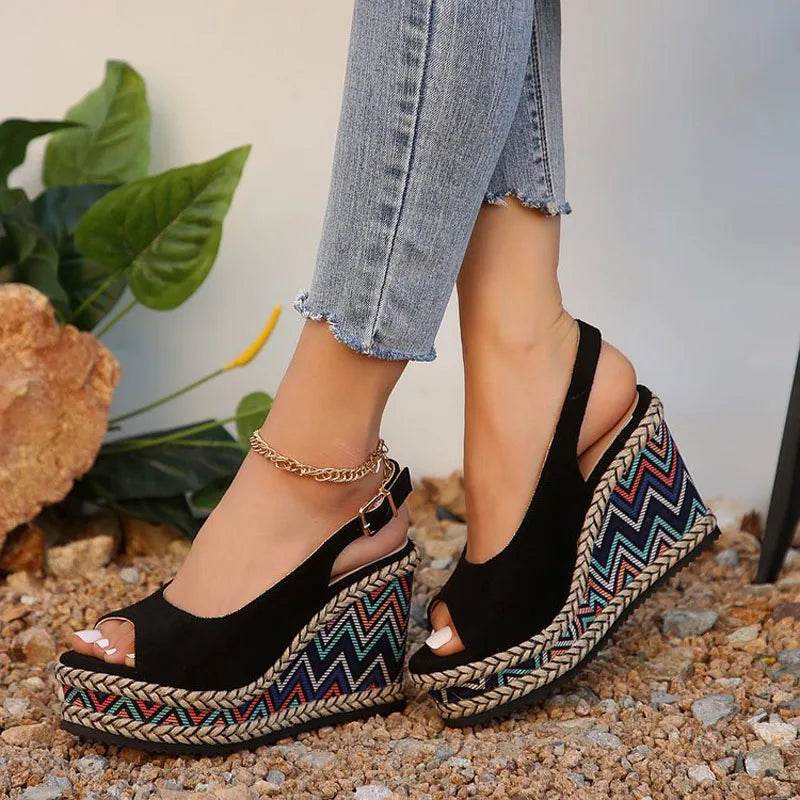 2024 Summer New European and American Fashion Simple Ethnic Style Slope Heel Sandals with One Button High Heel Women's Shoes - Imbasat