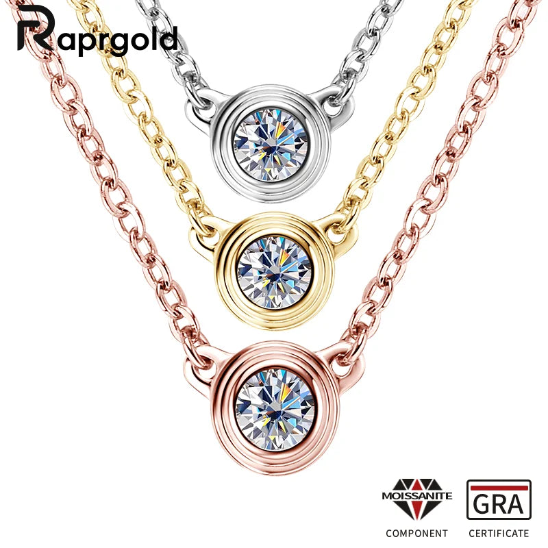 RAPRGOLD 3mm Moissanite Diamond Round Pendant Necklaces for Women 925 Sterling Silver Chains Wedding Fine Jewelry Gift Collares