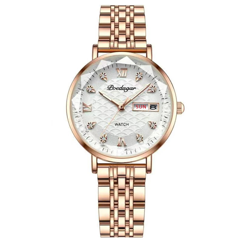 POEDAGAR Watch Women New Fashion Luxury Stainless Steel Wristwatch Bracelet Simple Rose Gold Waterproof Luminous Ladies Watches