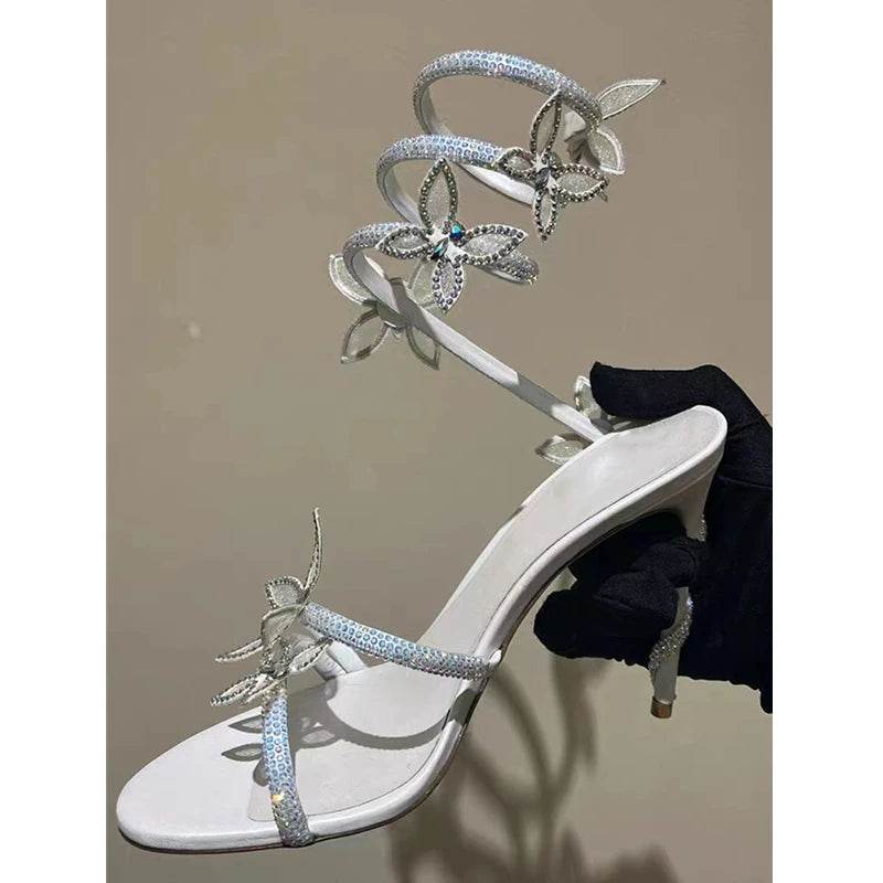 Luxury Crystal Embellished Butterfly Detail Women Sandals Sexy Coiled Strap High heels Gladiator Sandals Summer Party prom Shoes - Imbasat