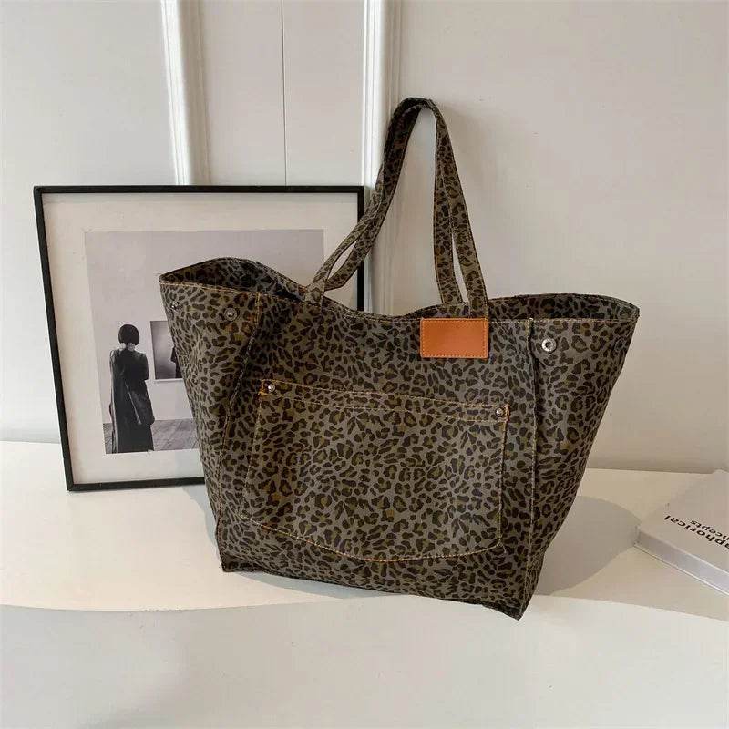 Oversized Leopard Prints Shoulder Bags for Women Deformable Canvas Large Capacity Shopping Totes 2024 Winter New Luxury Handbags - Imbasat