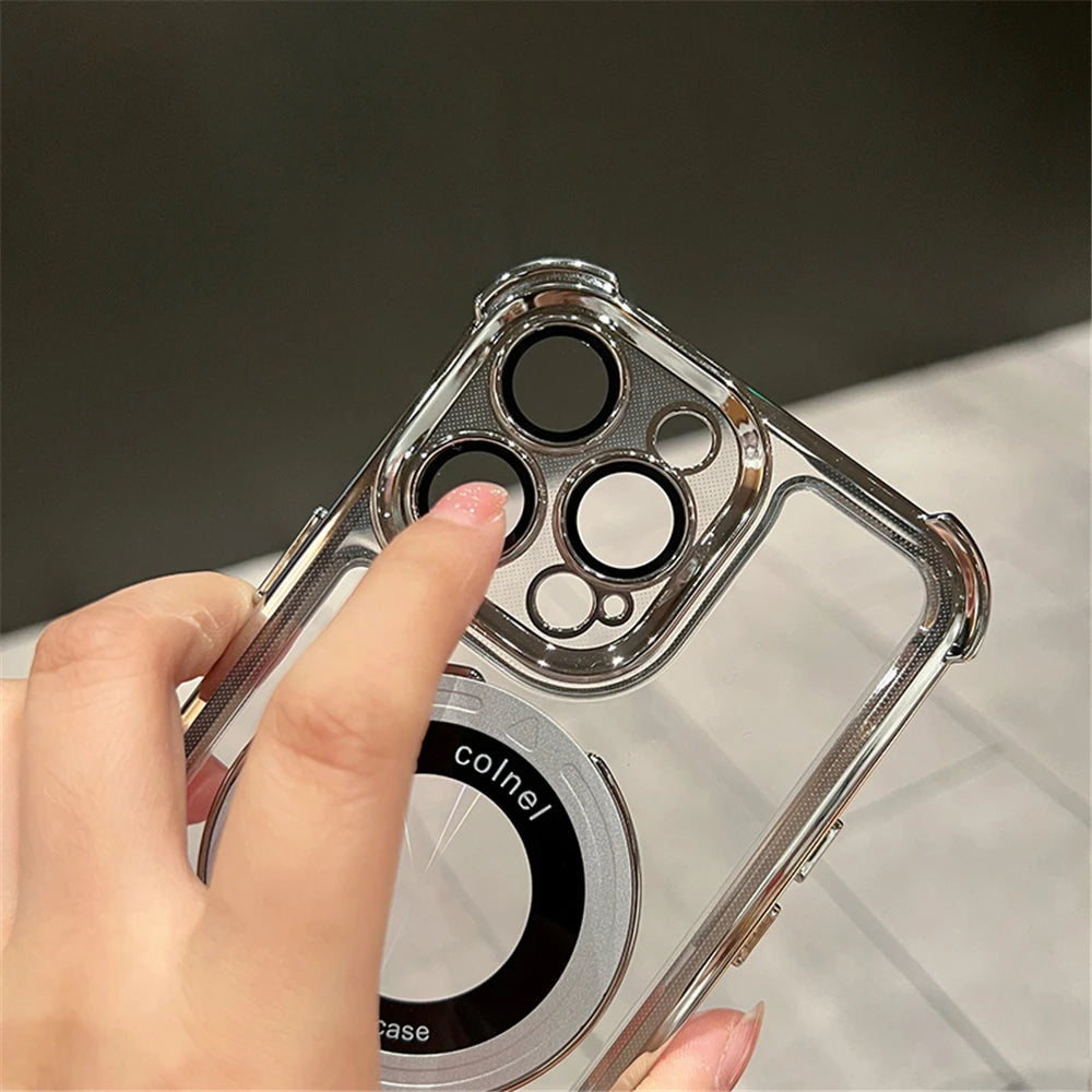 Luxury Plating Shockproof Magnetic Bracket For Magsafe Clear Case For iPhone 15 16 14 13 12 11 Pro Max With Holder Stand Cover