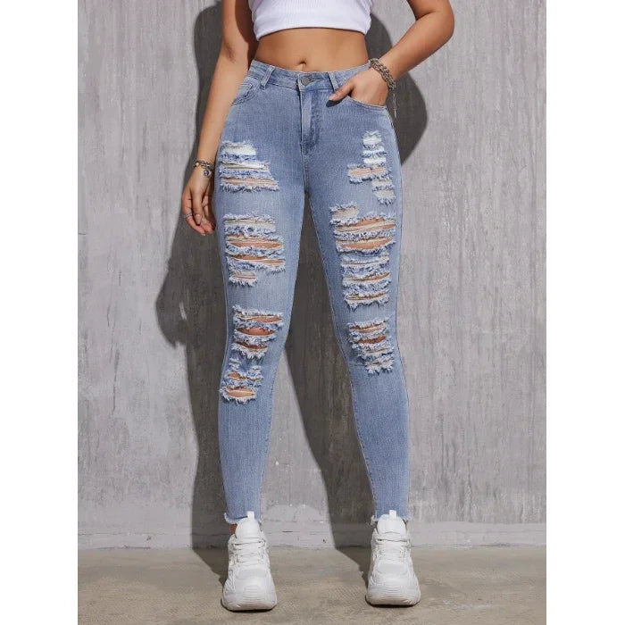 Skinny Stretch Lady High Waist Hole Denim Pants Fashion Solid Color Sexy Pencil Trousers