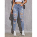 Skinny Stretch Lady High Waist Hole Denim Pants Fashion Solid Color Sexy Pencil Trousers