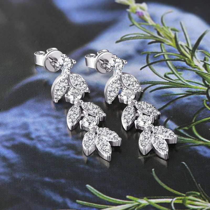 ANZIW Real Moissanite Earrings Leaf Chandelier Drop Dangle Long Earrings 925 Silver Piercing