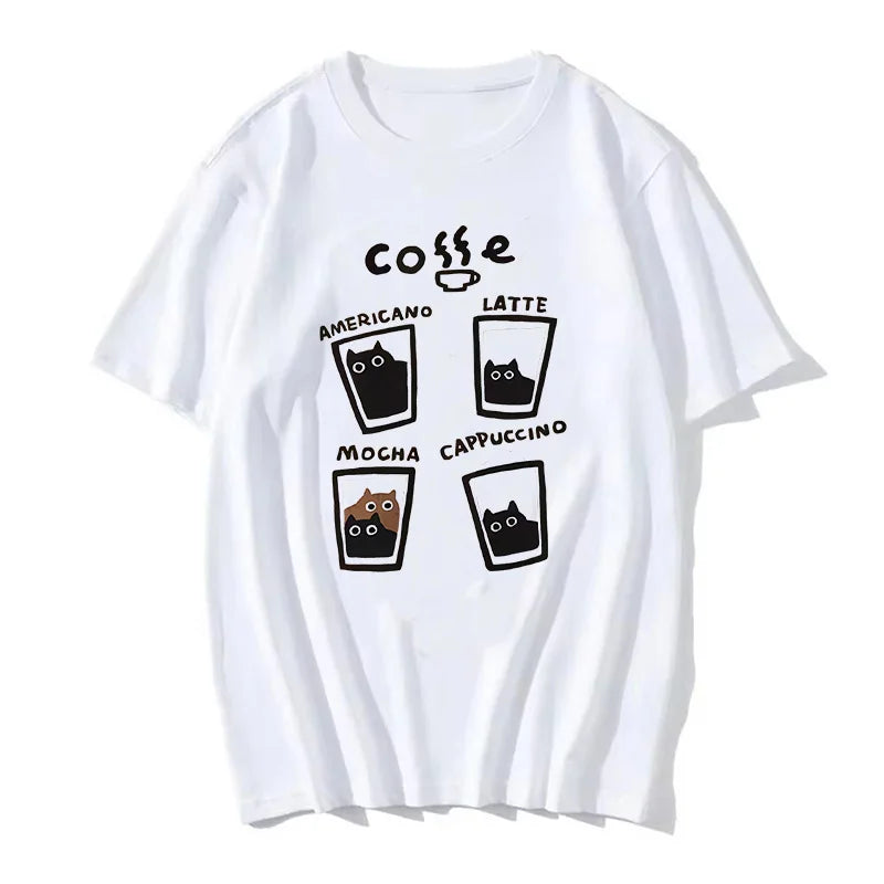 Cat Coffee O-Neck T-shirts Summer