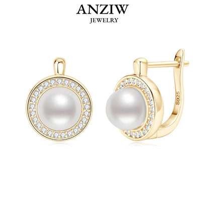 Anziw French Vintage Moissanite Hoops 7mm Freshwater Pearl Earrings Silver 925 Sterling Earring Wedding Jewelry for Women Gifts