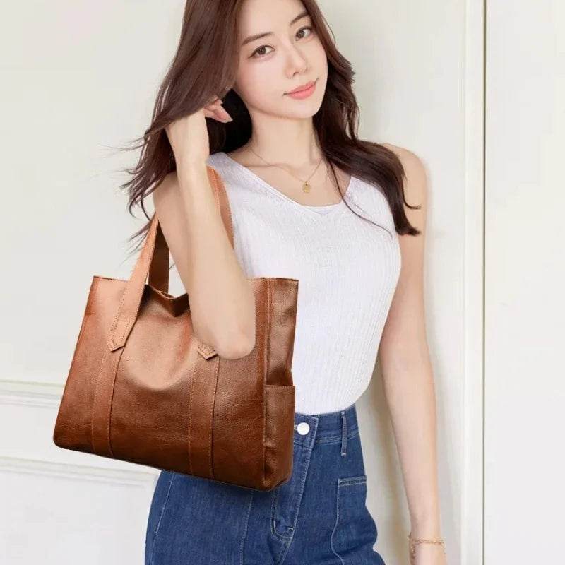 Light Luxury Minimalist Large Capacity Women's Bag 2024 Soft Leather Material Solid Color Women's Shoulder Bag Commuting Handbag - Imbasat