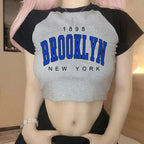 Brooklyn 1898 Letter Print Crop Graphic T-shirt Korean Style