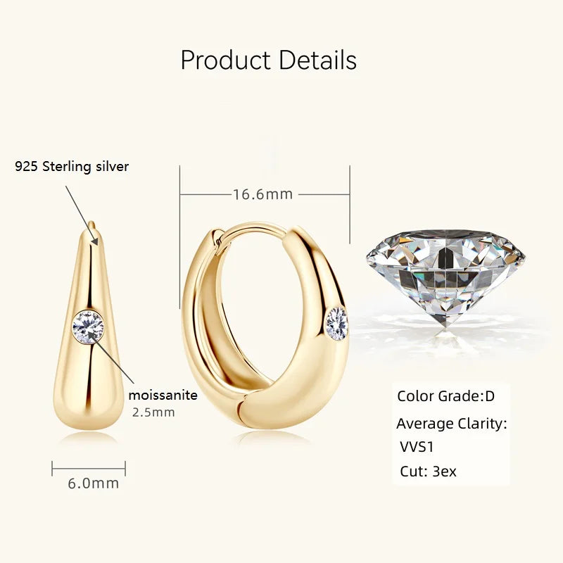 Anziw Chunky Hoops 2.5mm D Color Moissanite Thick Huggie Earring Gold Plated 925 Silver