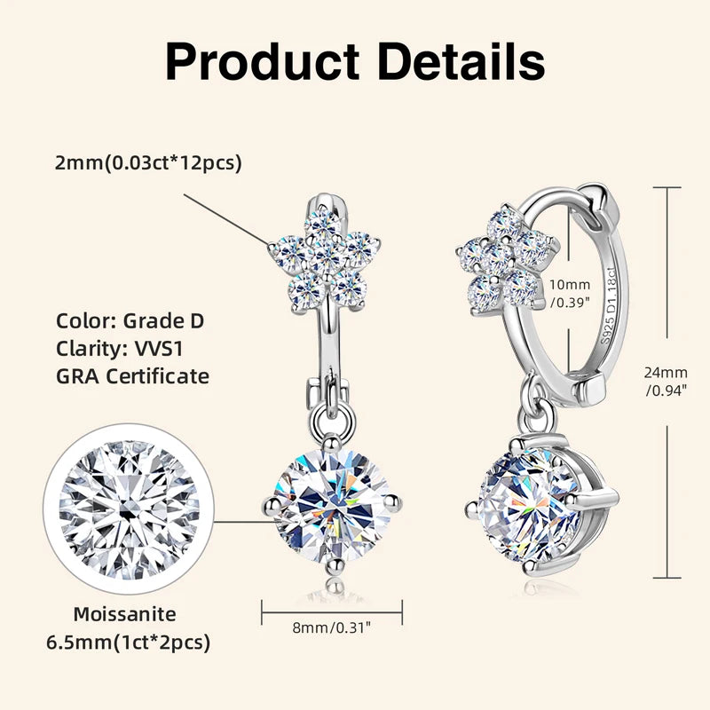 Anziw 18k Gold Plated 925 Silver Flower 6.5MM 1CT Moissanite Drop Hoop Earrings