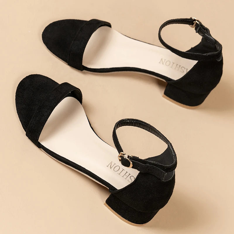 Beige High Heels Sandals Women Summer Shoes Women Fashion Open Toe Buckle Sandals Casual Square Heel Female Shoes