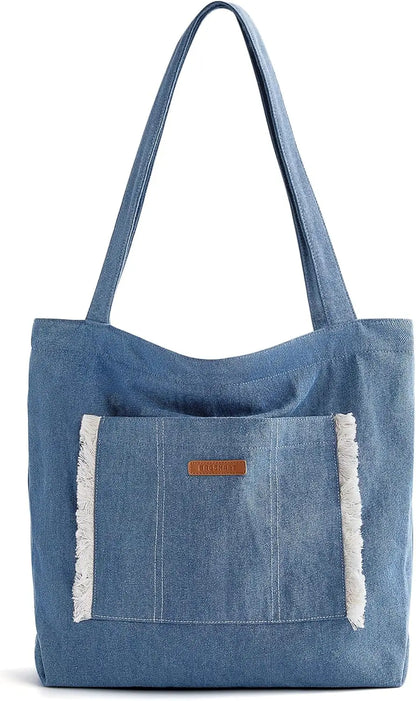 BAGSMART Tote Bag for Women with Zipper Casual Lightweight Denim Shoulder Handbag Purse for Work Travel and Shopping Essentials