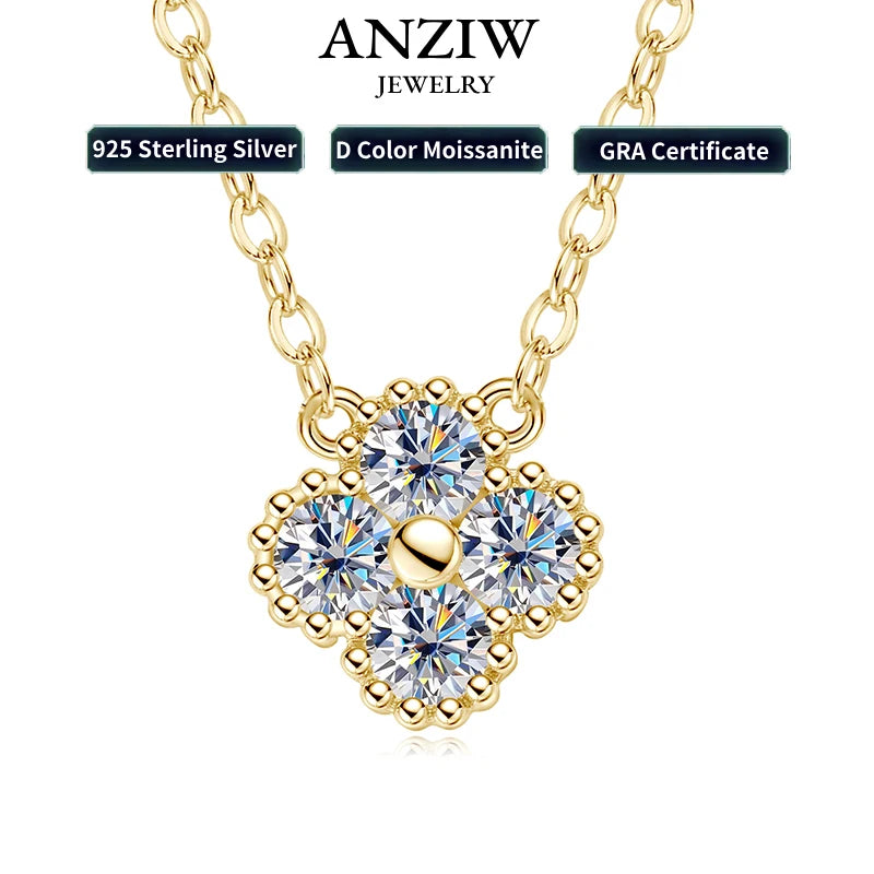 Anziw Clover Flower Pendant Necklace 3mm Moissanite