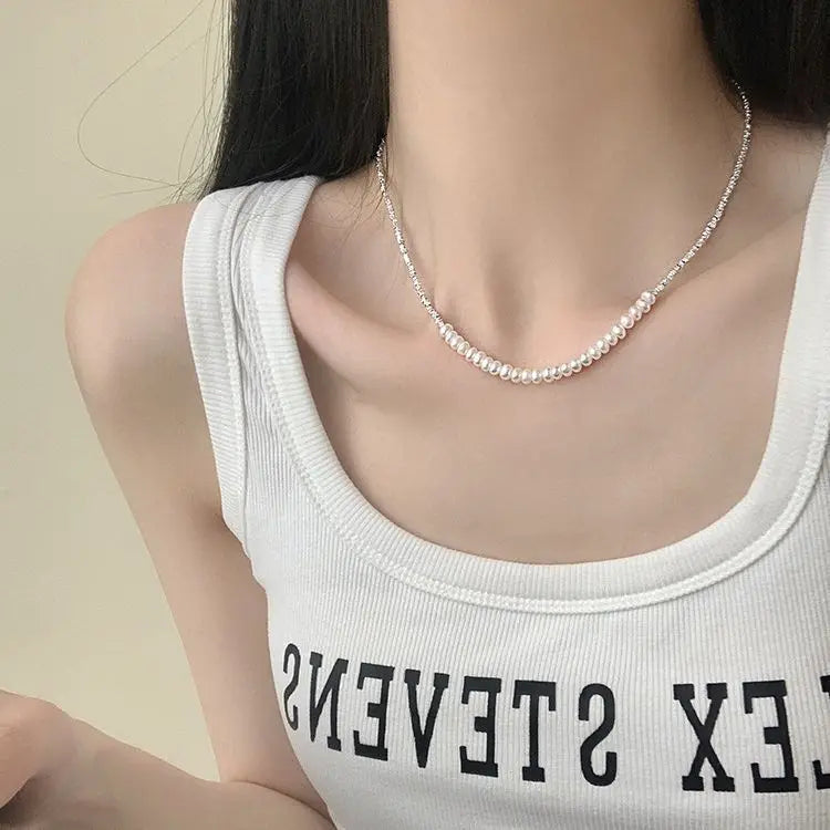 925 Silver Pearl Simple Elegant Thin Chain Pendant Necklace
