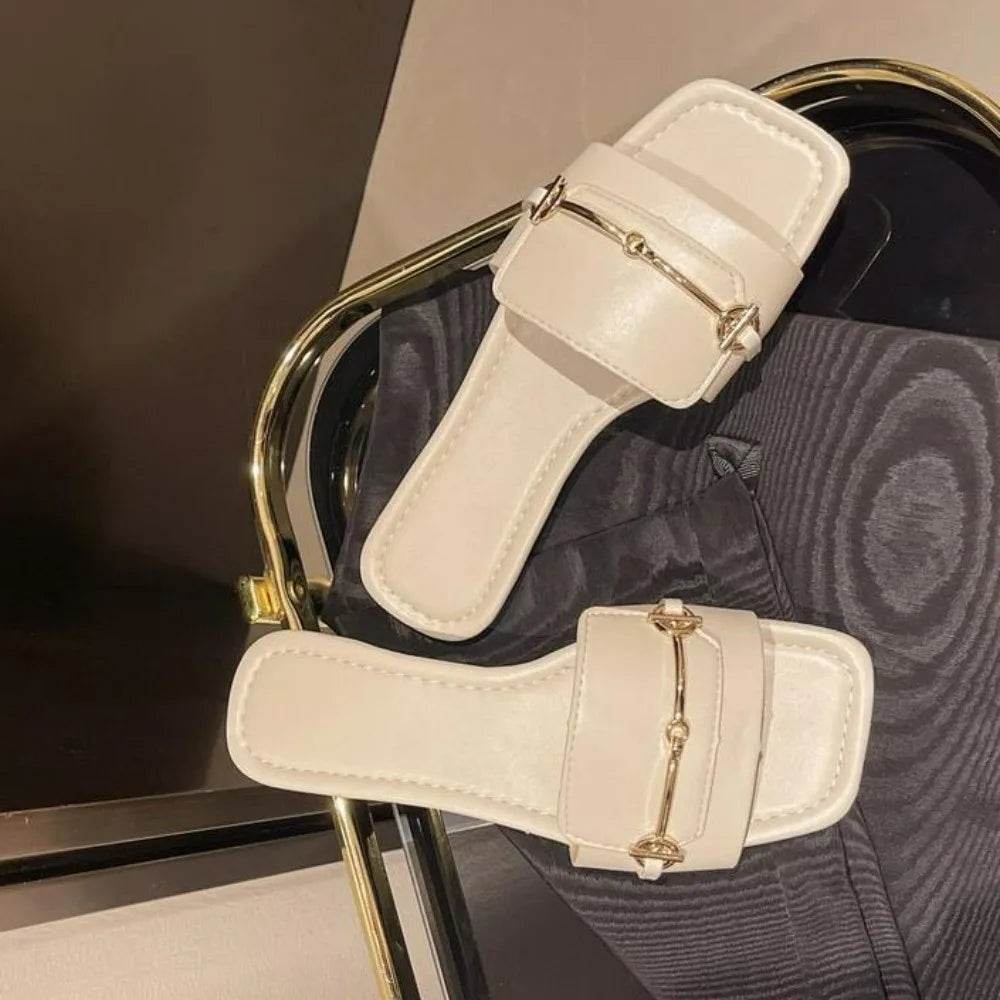 New Women's Buckle Decor Flat Slide Sandals Fashion Square Open Toe Summer Shoes Casual Outdoor Beach Slides Zapatos Mujer - Imbasat