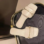 New Women's Buckle Decor Flat Slide Sandals Fashion Square Open Toe Summer Shoes Casual Outdoor Beach Slides Zapatos Mujer - Imbasat