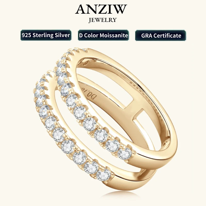 Anziw Moissanite Bands Double Row Wedding Rings 925 Sterling Silver