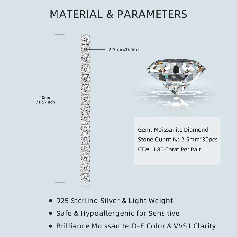 925 Silver Long Drop Tennis Earrings for Women 2.5MM D-E Moissanite Dangle Earrings