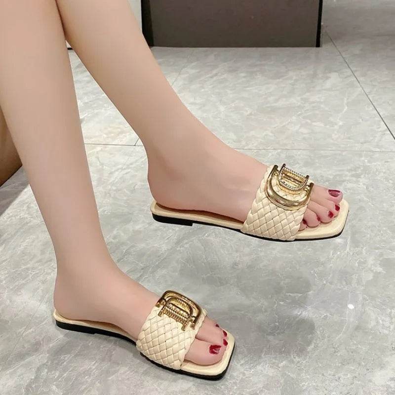 Women Luxury Decor Weave Design Flat Sandals Fashion Open-toe Vacation Casual Slides Party Sexy Elegant Office-Ladies New Shoes - Imbasat