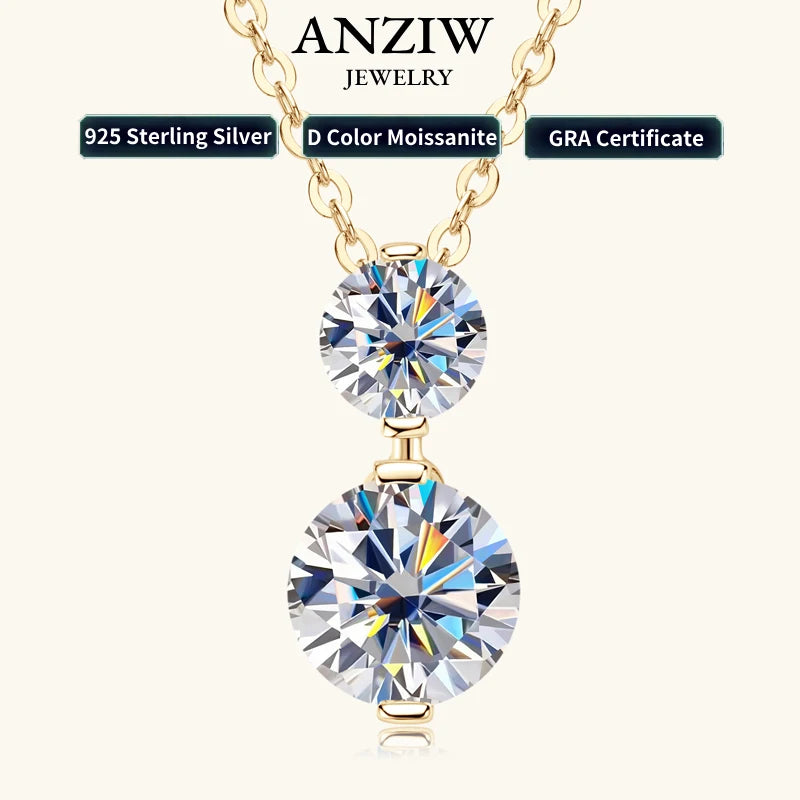 Anziw 925 Silver Sparking 1.7cttw. Two-stone Moissanite Pendant Necklace