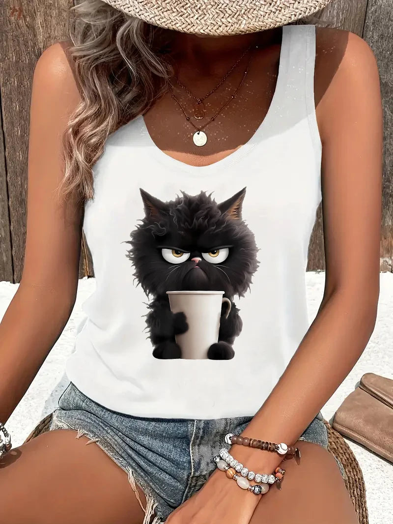 Cat Women Summer White Print T-shirt Girl Casual O Neck