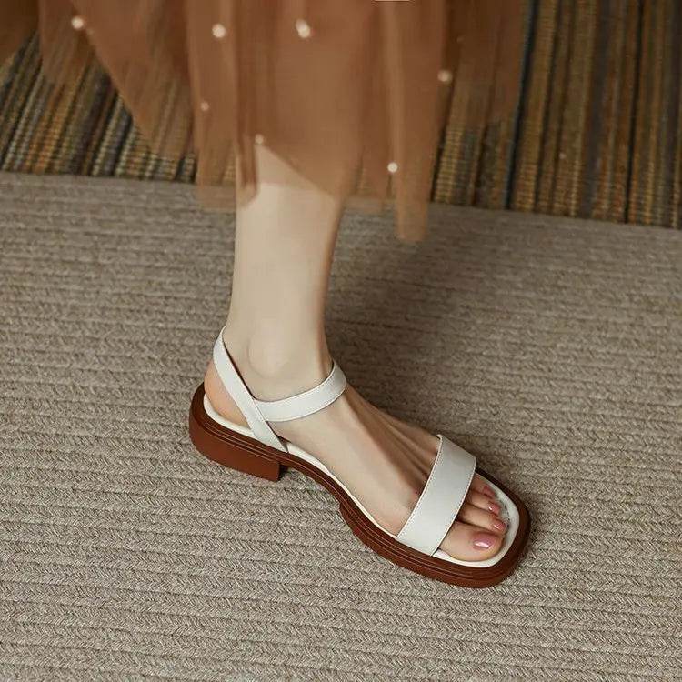 French Vintage Brown Sandals 24 Summer Low Heel Roman Shoes with Open Toe Stripe Simple and Comfortable Flat Bottom Women Shoes - Imbasat