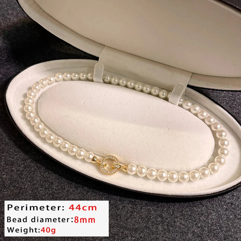 French Elegant Micro Set Zircon Round Buckle Imitation Pearl Beaded Necklace For Women's Temperament Jewelry Sweet Accessories